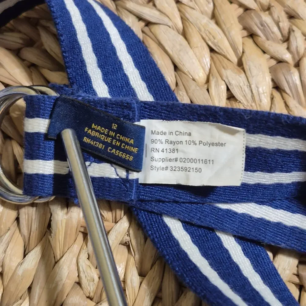 Polo Ralph Lauren Youth 12 Blue White Stripes Ribbon Style Belt D Ring Preppy